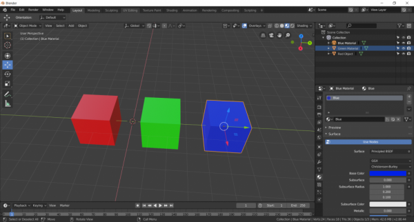 Blender scene with three different colored cubes