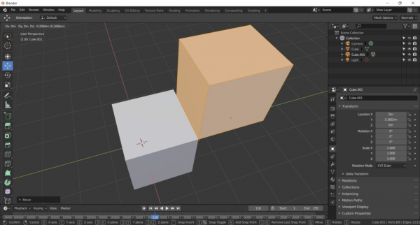 Blender with two cubes where edges are snapped
