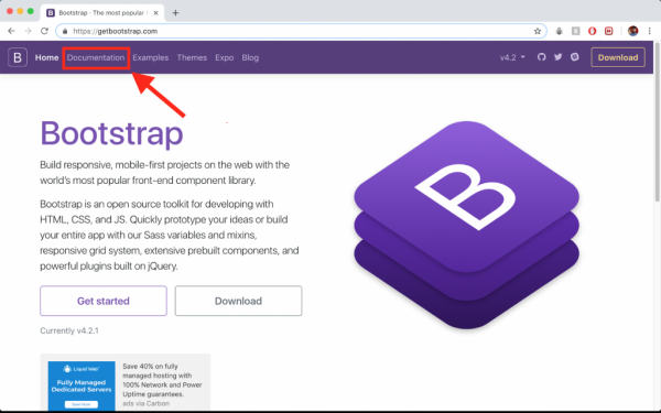 Bootstrap website with documentation pointed to
