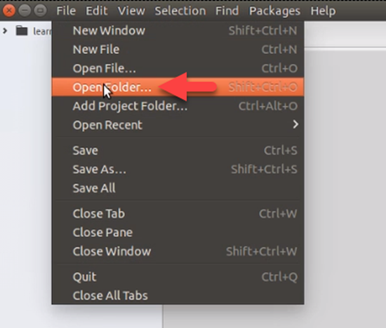 File menu with Open Folder selected