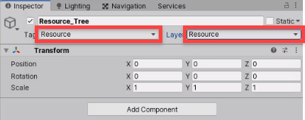 Unity Inspector with Tag and Layer circled