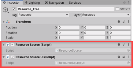Unity Inspector with resource management scripts added