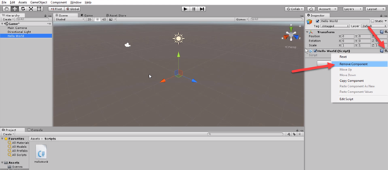 Unity Inspector with Remove Component selected