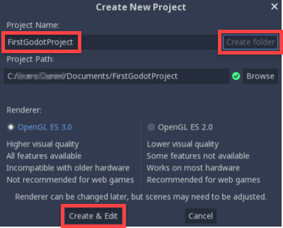 Godot Create New Project window with