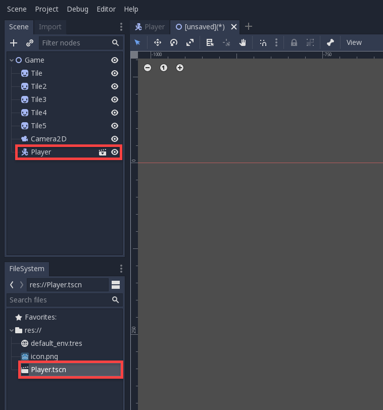 Godot Scene hierarchy with Player selected and shown in FileSystem window