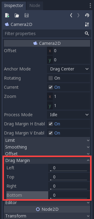Godot Inspector with Drag Margin circled for Camera2D