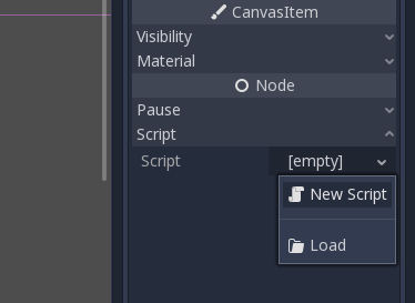 Godot Node window with New Script option selected for Script