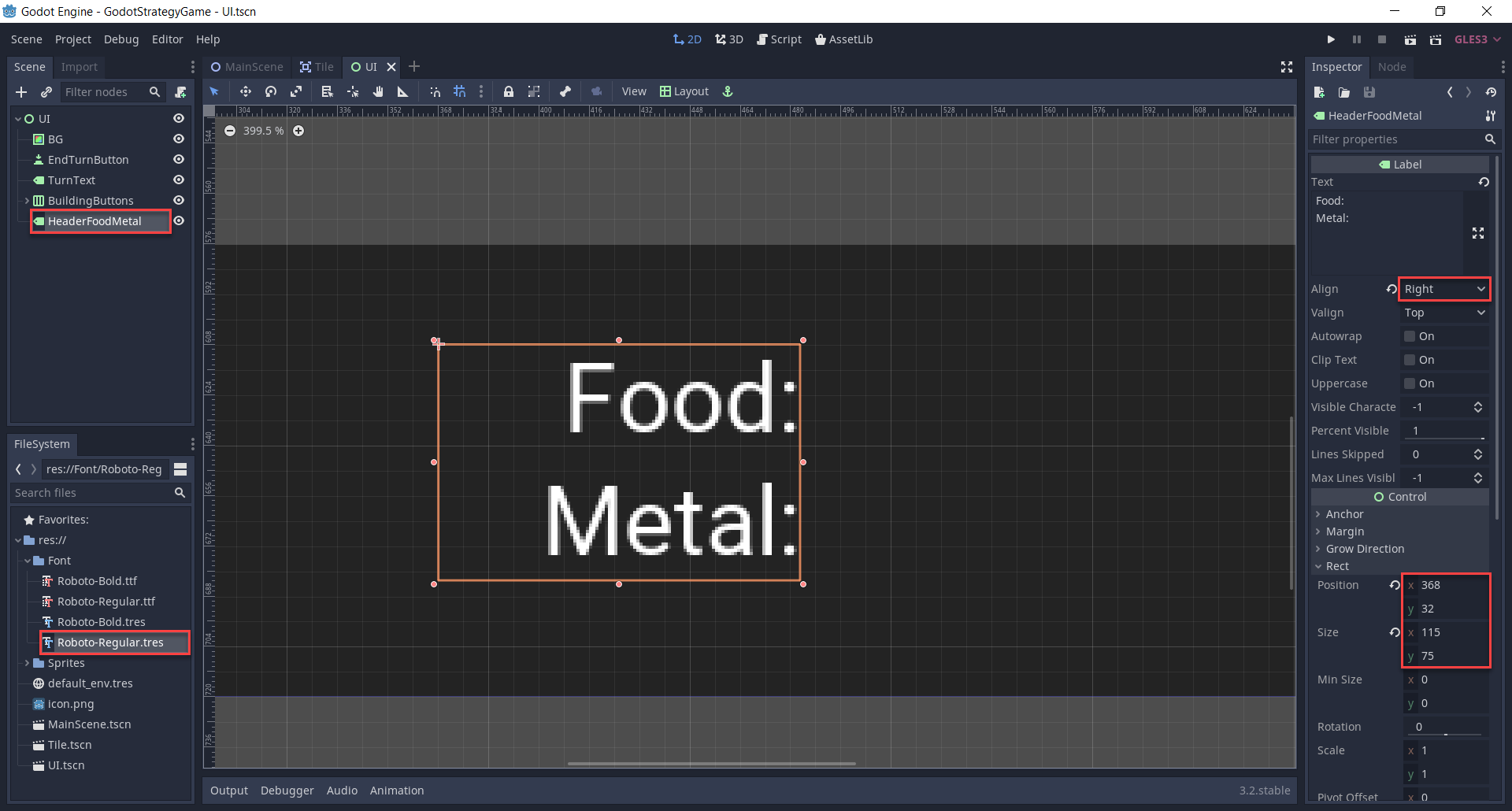 Creating the resource header text for food and metal.