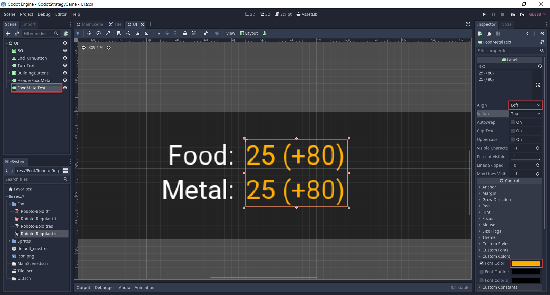 Creating the resource values for the food and metal.