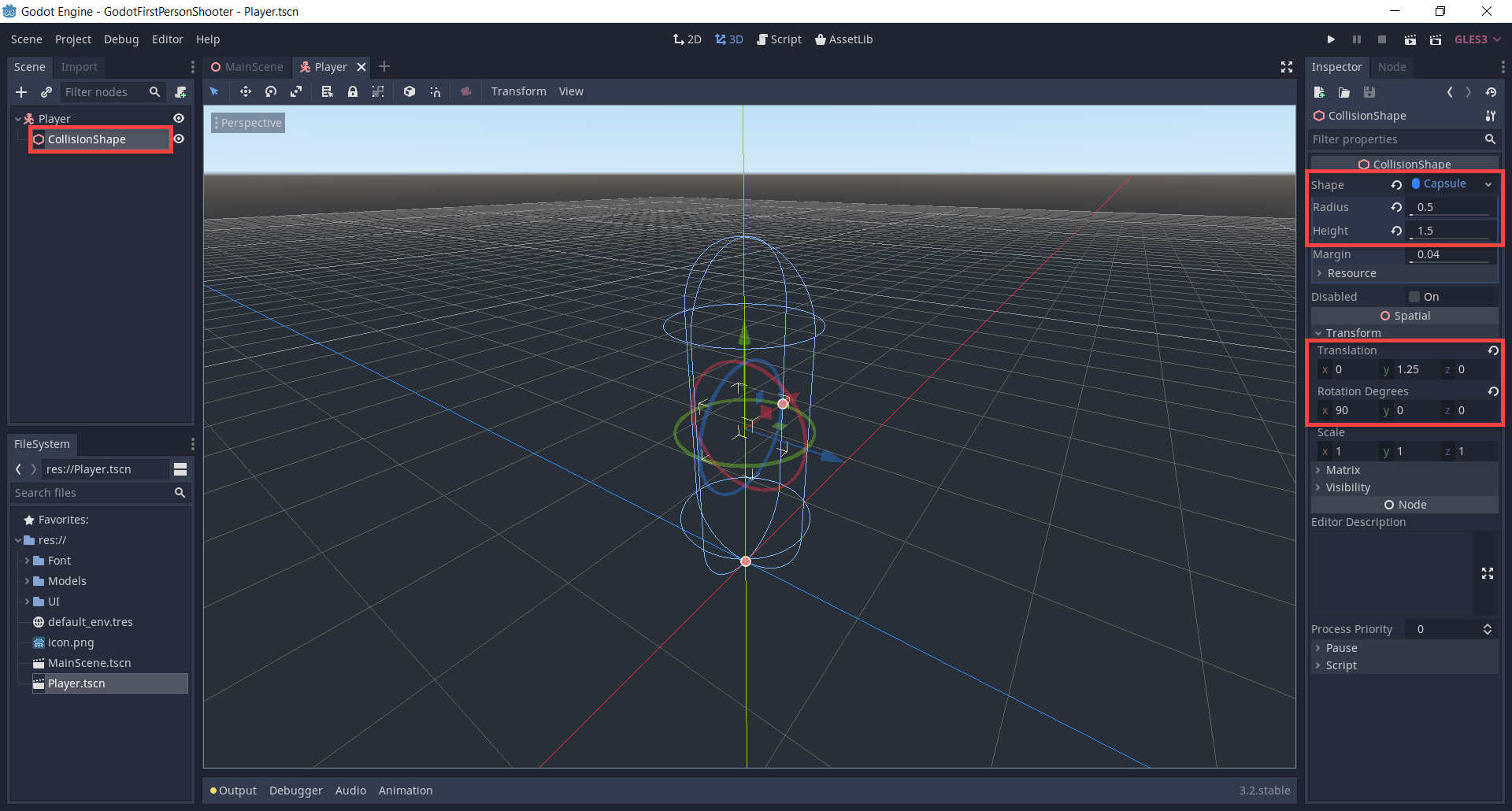 Collision Shape added to Player node in Godot