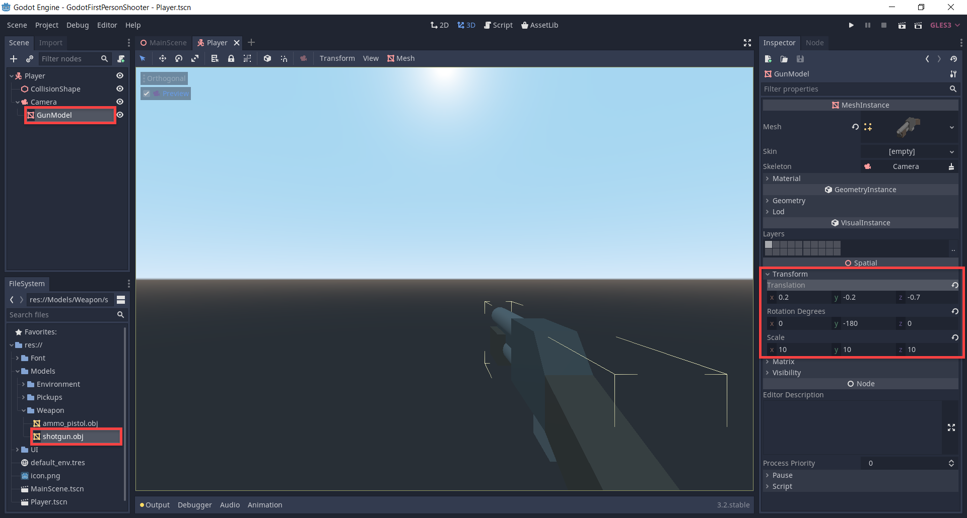 GunModel added as a child to the Godot camera