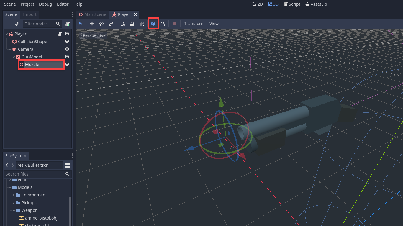 Muzzle object added as child of GunModel in Godot