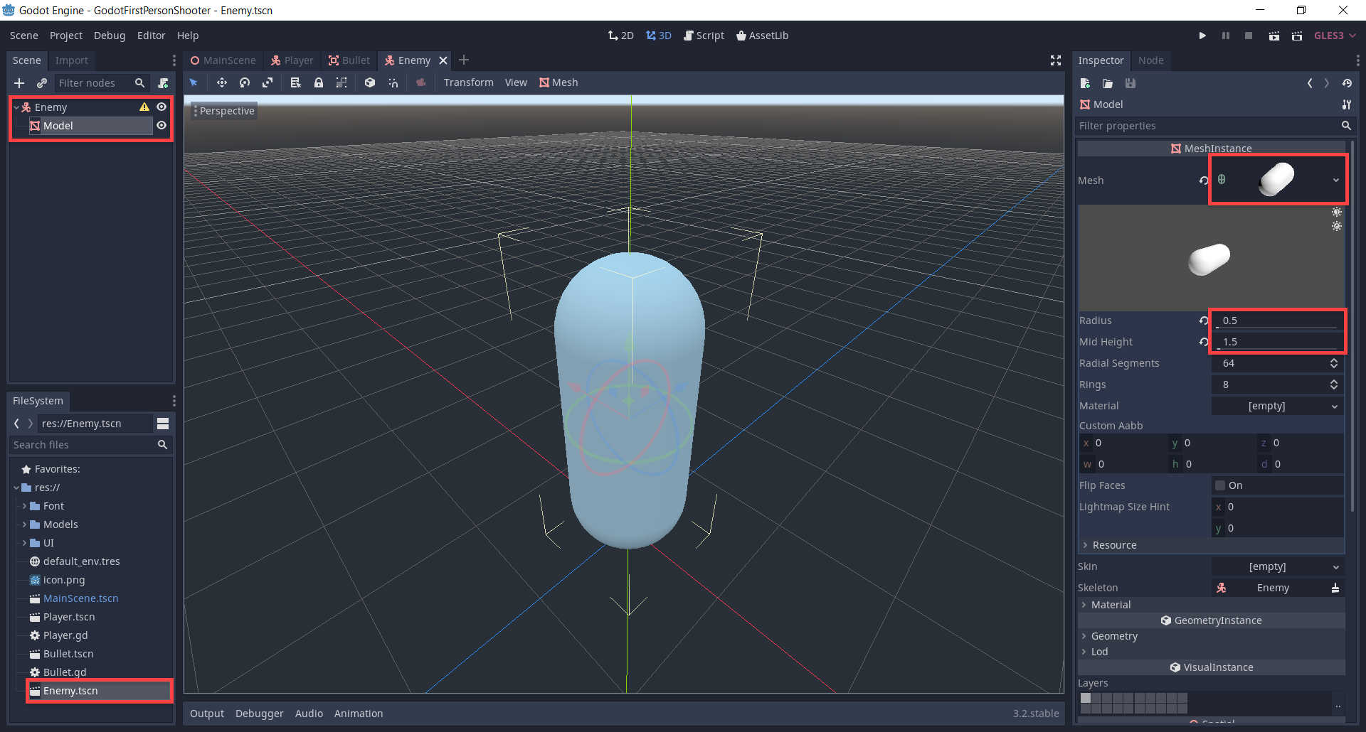 Enemy node with capsule model in Godot
