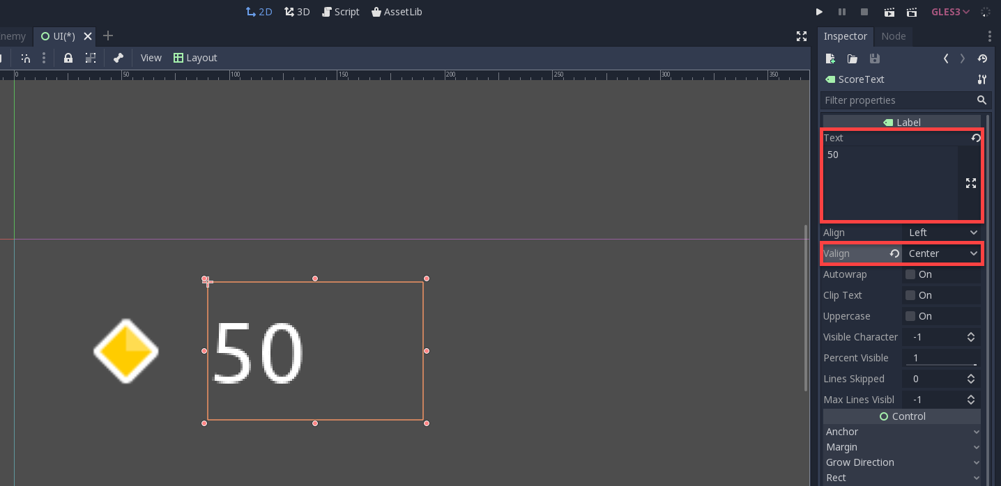 Godot with 50 displayed for UI score text