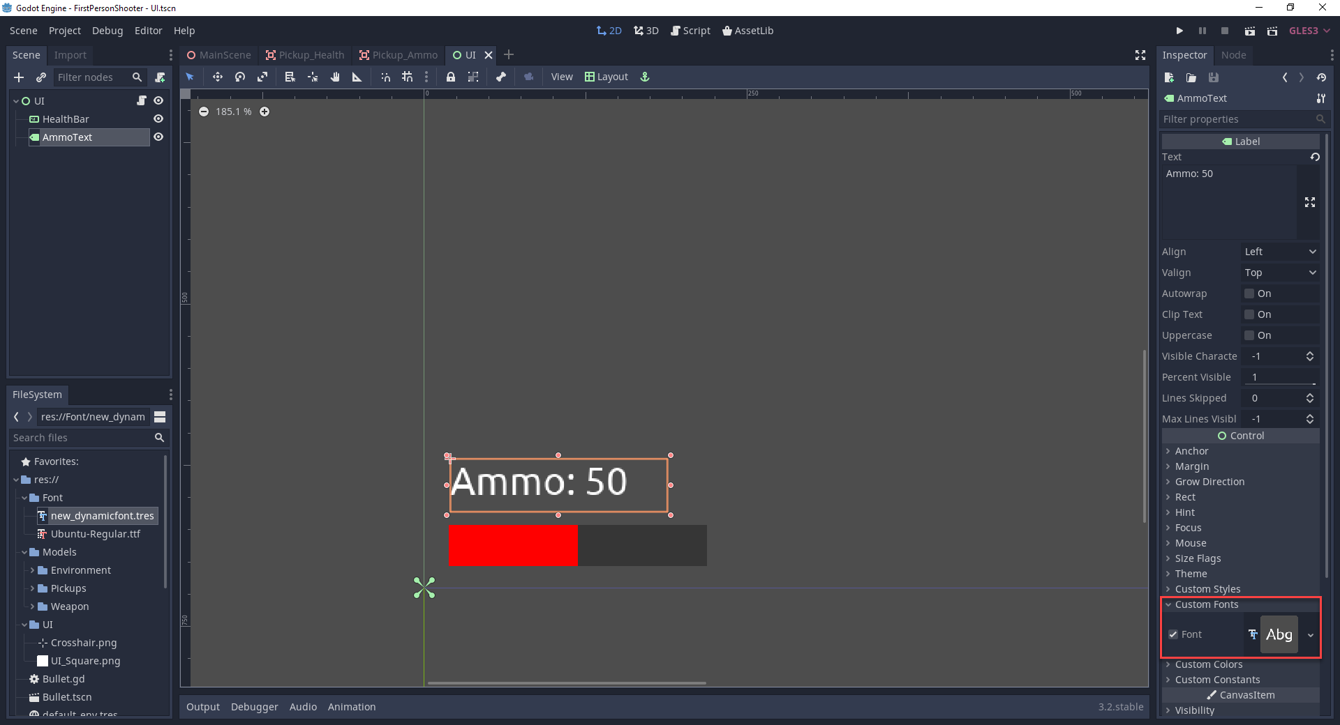Ammo text for FPS game added in Godot scene