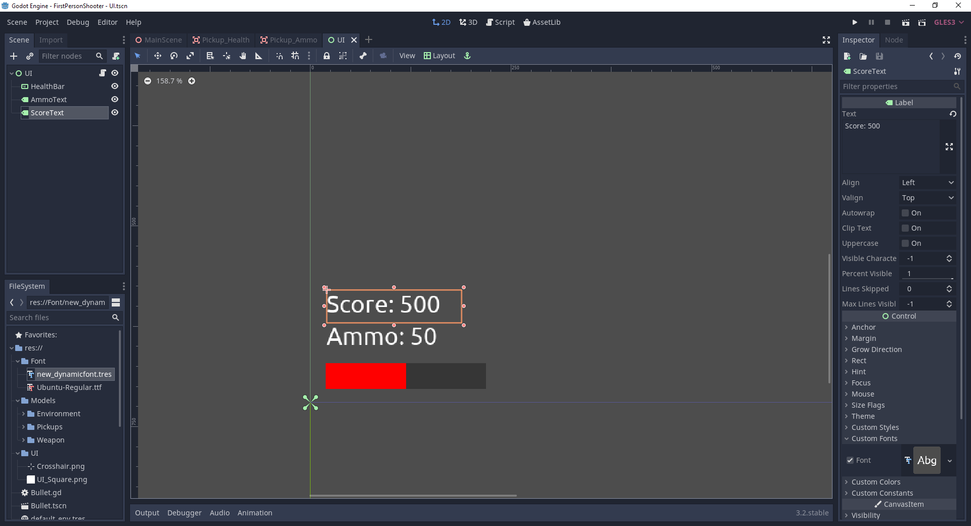 Score UI text added in FPS Godot game