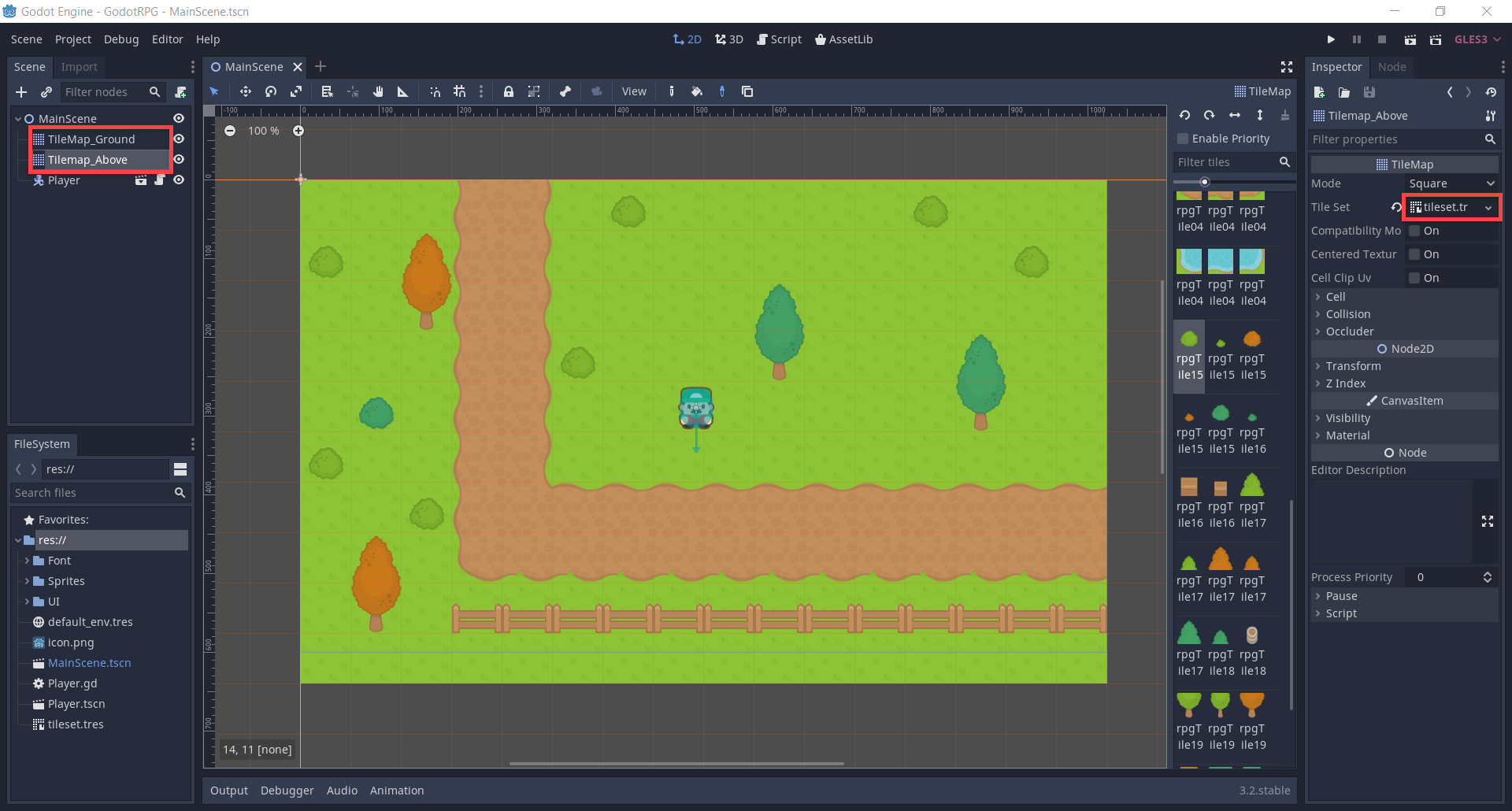 Godot Tilemap with extra layer added for objects above the ground