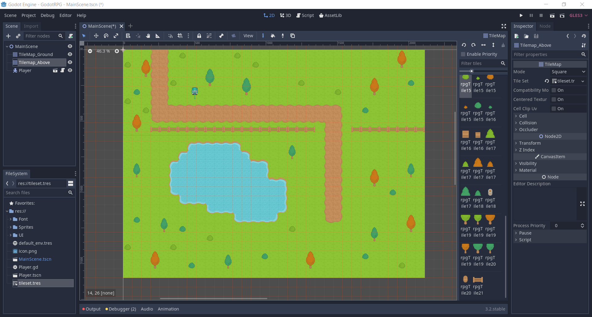 Godot 2D RPG project with player and completed tilemap