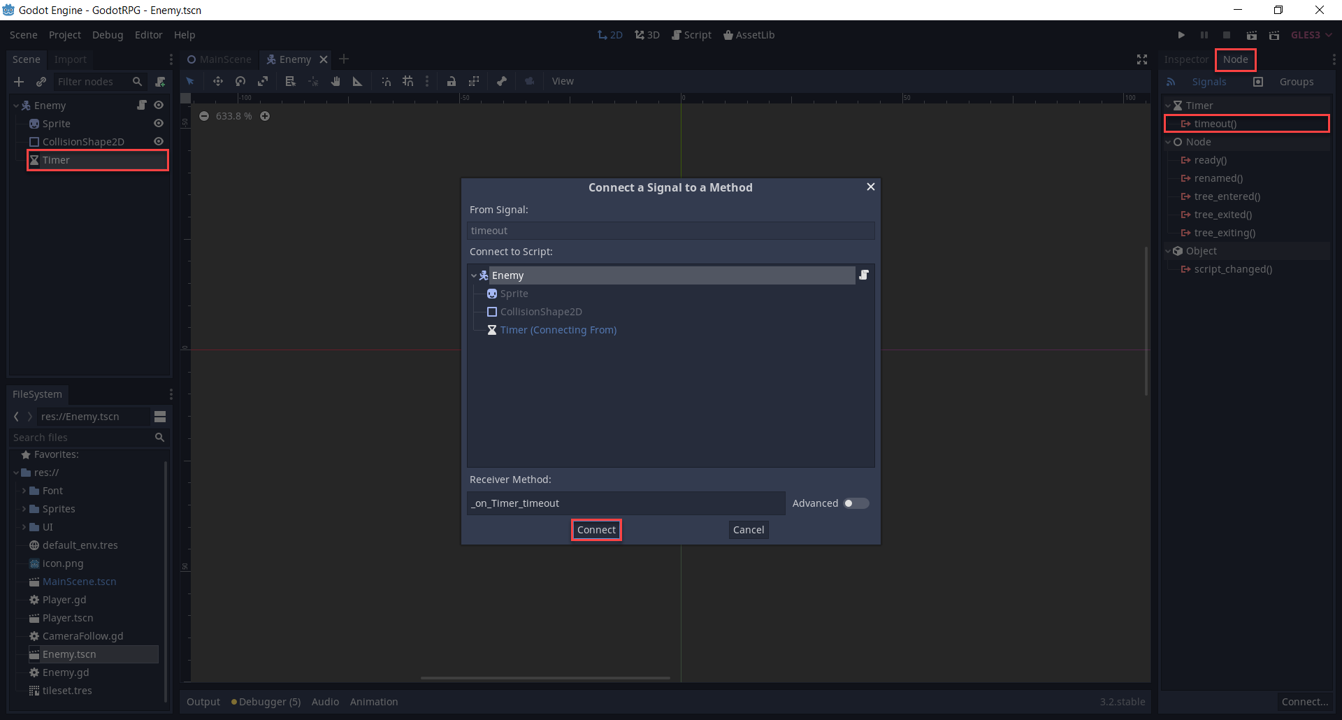 Godot Timer's Connect a Signal to a Method window