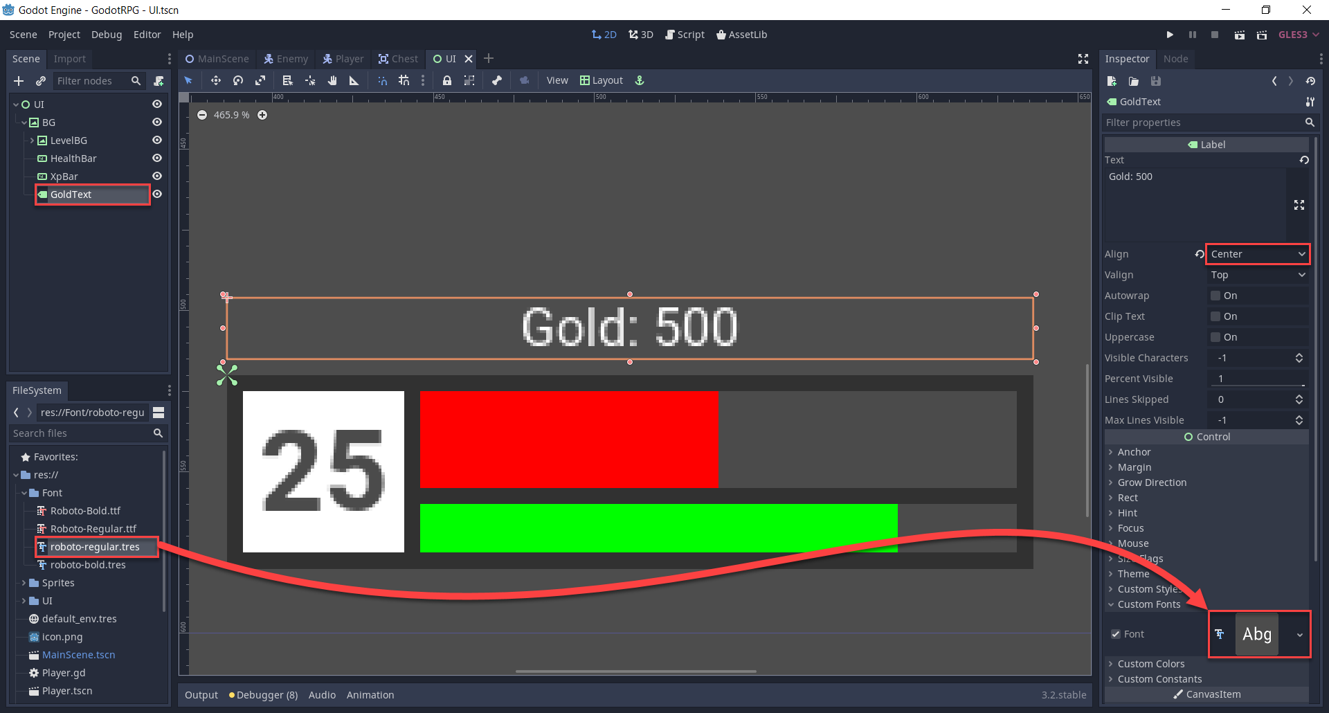 Godot UI with Text for gold amount added