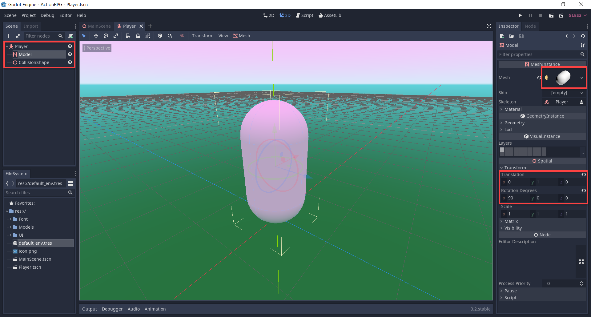 Capsule model in Godot created to stand in for the player
