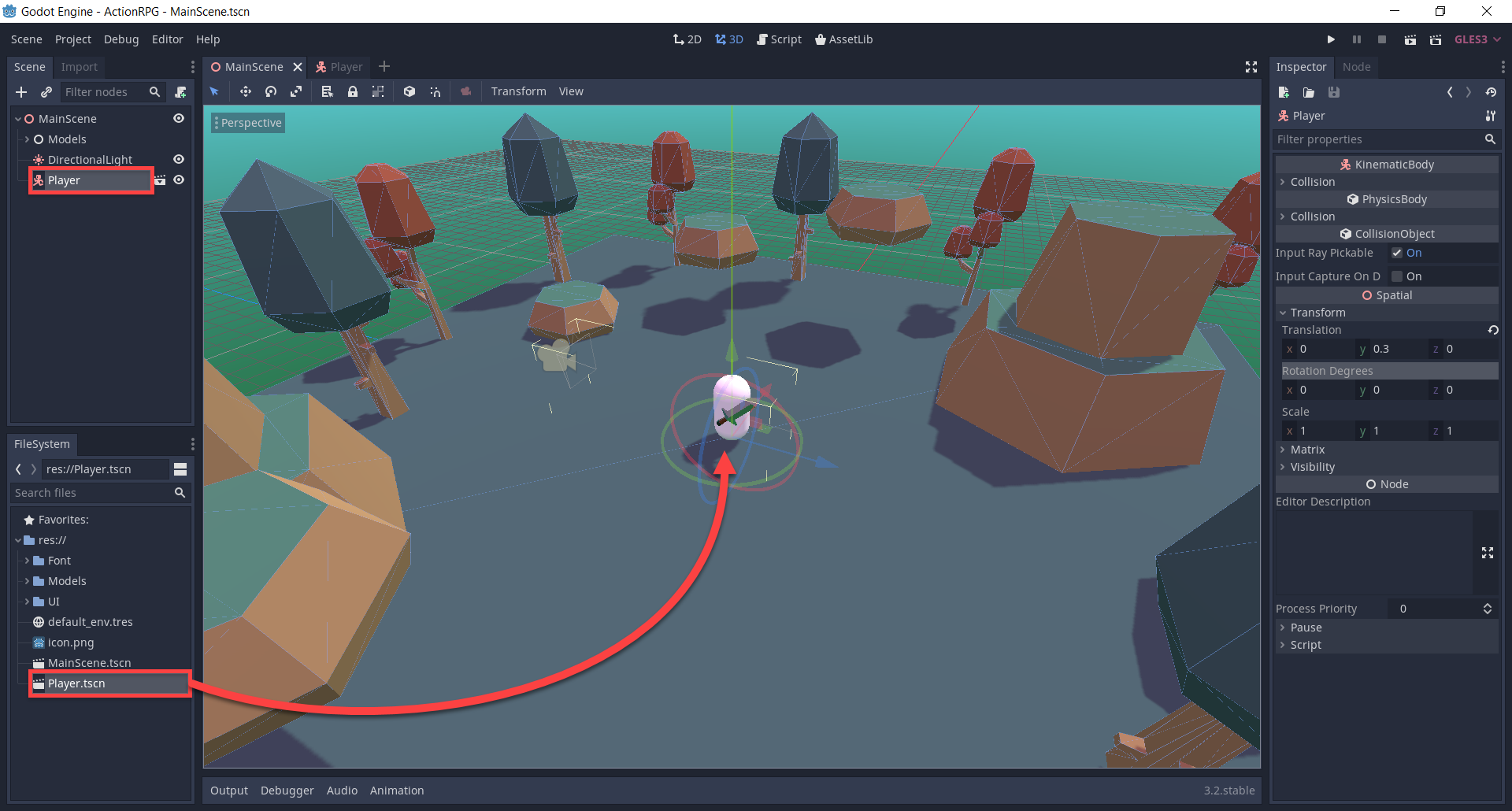 Godot player added to MainScene in editor