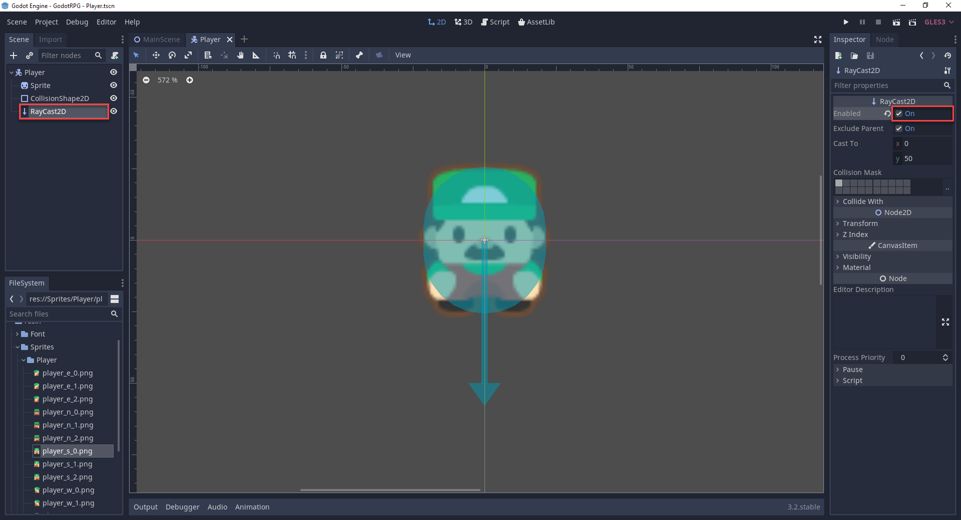 2D character sprite in Godot with RayCast2D