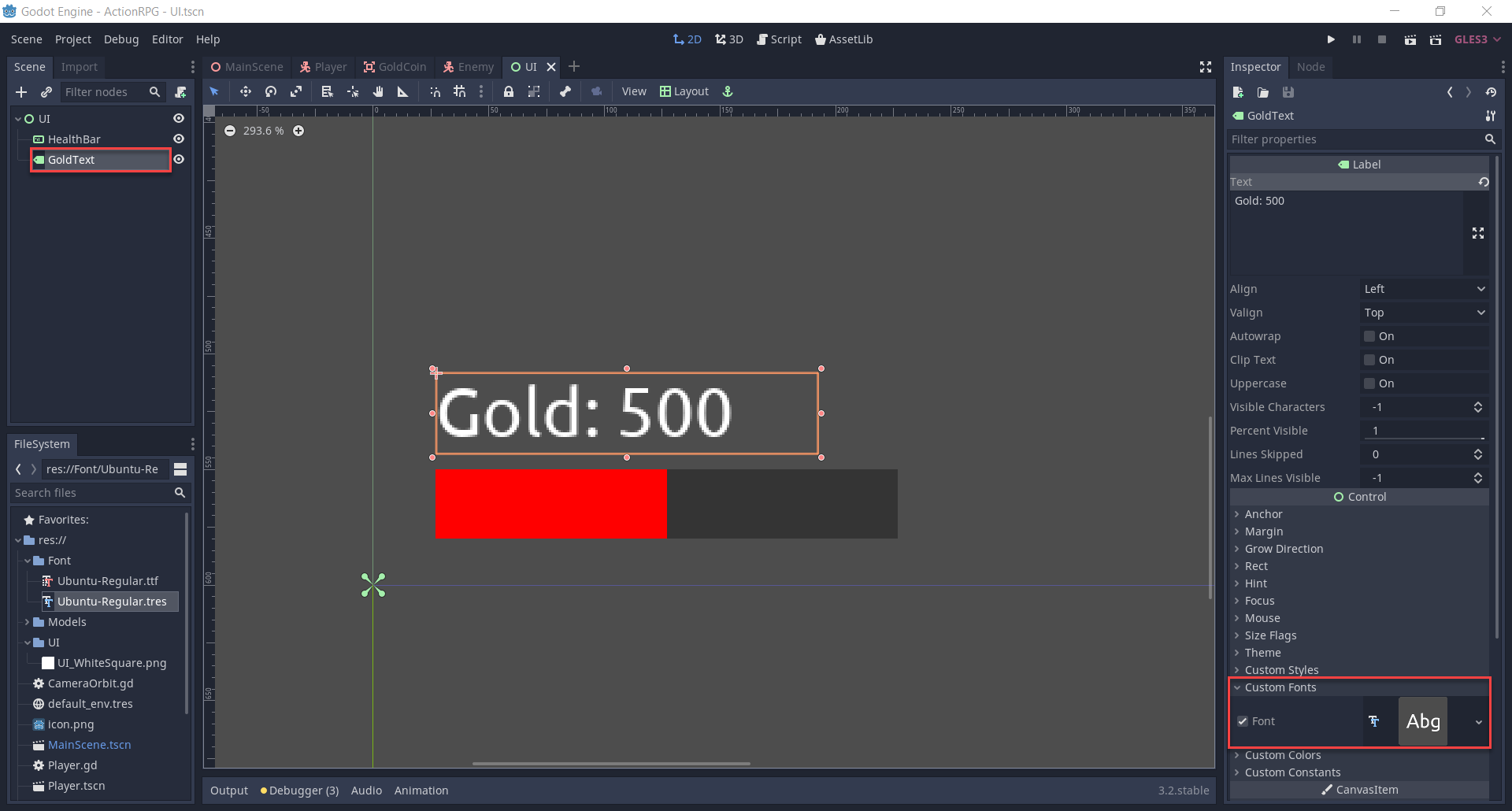 Godot UI text for gold amount