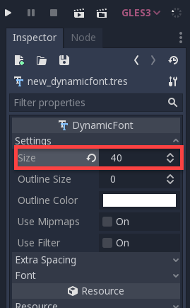Godot with font size changed with 40 in Inspector