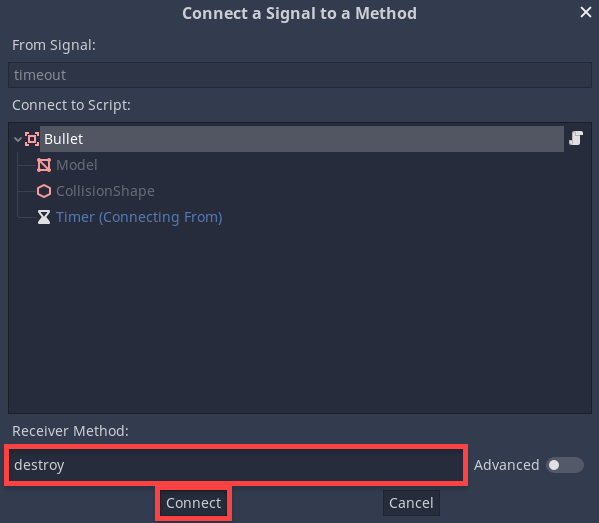 Connect a Signal to a Method window in Godot for FPS bullet