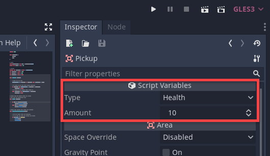 Godot Inspector with Health Script Variables circled
