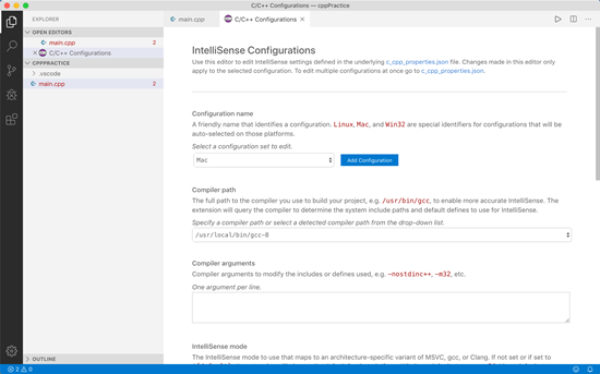 IntelliSense Configurations window in Visual Studio Code