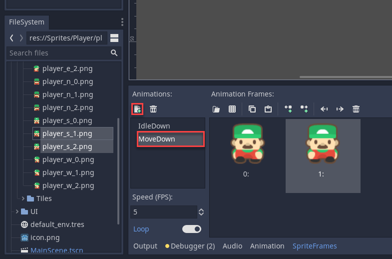 Godot Animations window with MoveDown sprite added for 2D character