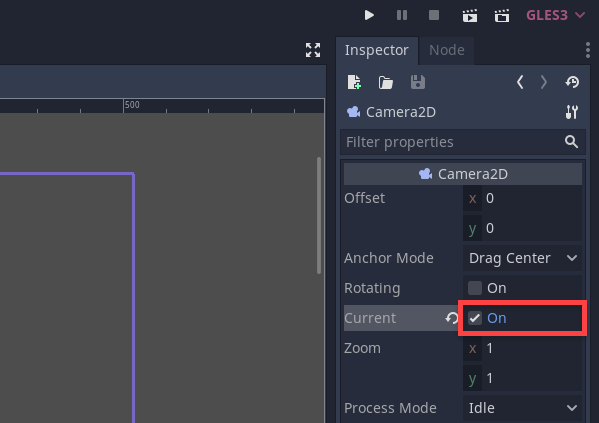 GOdot Inspector with Current checked for Camera2D