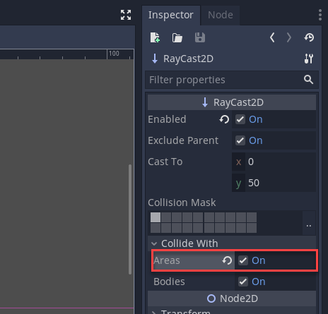 Godot Inspector with Areas checked for RayCast 2D