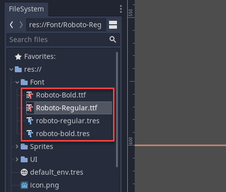 Godot FileSystem window with Roboto fonts circled