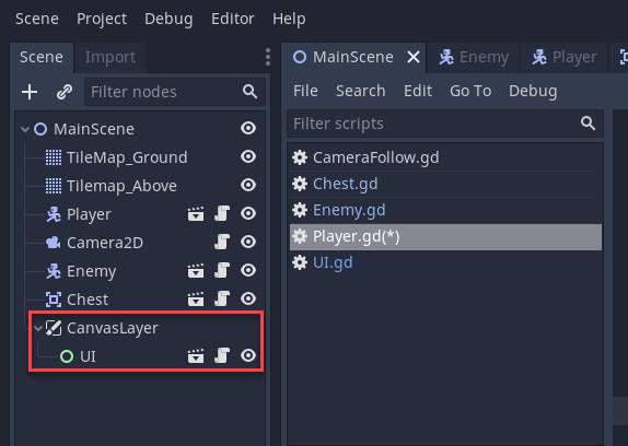 Godot Scene window with Canvas Layer circled