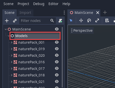 Godot MainScene with Models added to organize level elements