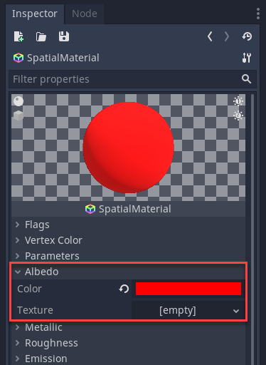 Enemy node in Godot Inspector with Albedo color set to red