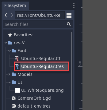 Godot FileSystem with font asset circled