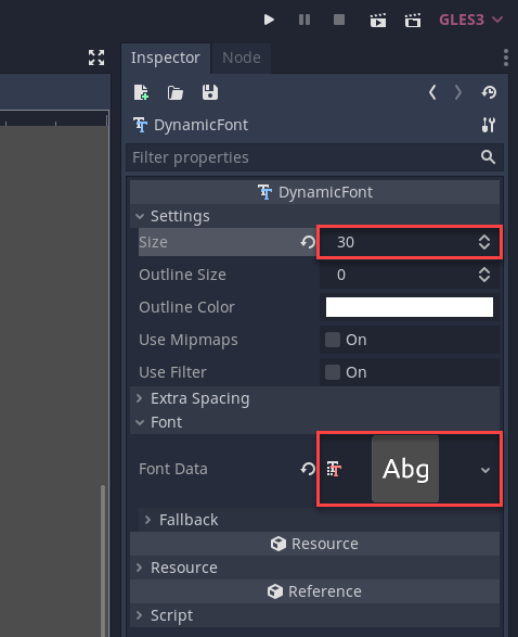 Godot Inspector with DynamicFont properties displayed