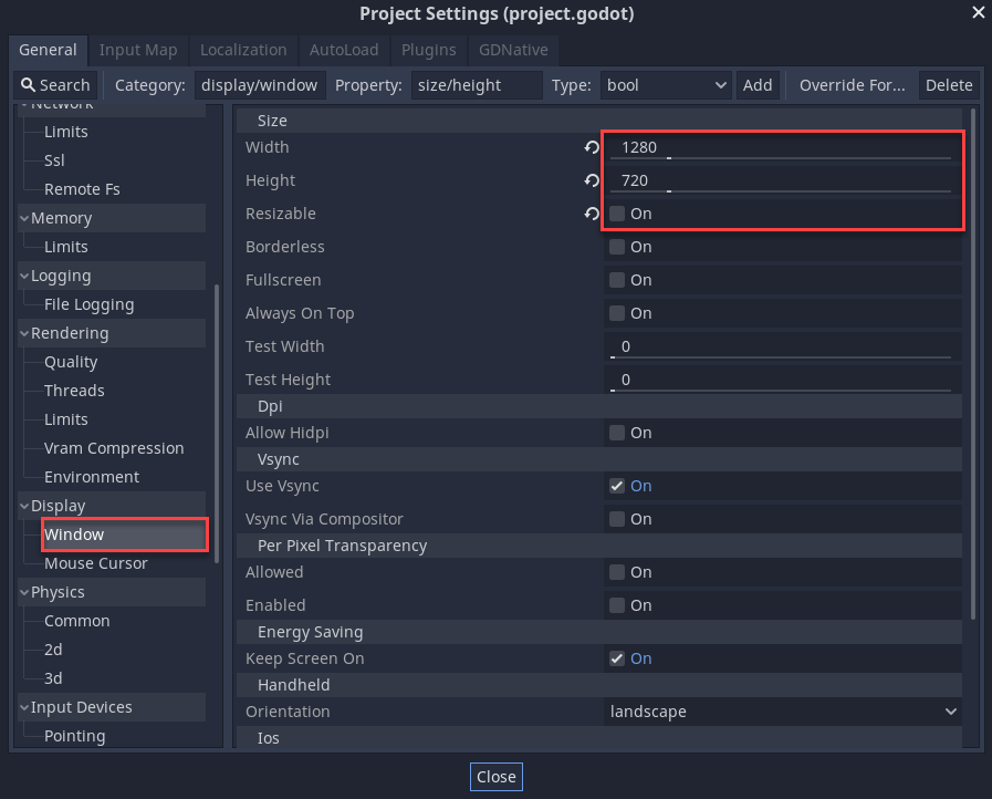 Changing the window resolution in the Godot project settings.