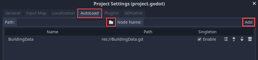 Creating a singleton in the Project Settings window.