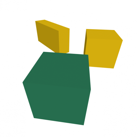 Two yellow cubes with one parent green cube