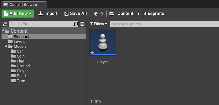 Player blueprint created in Unreal Engine