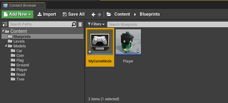 Unreal Engine MyGameMode blueprint added to Content Browser