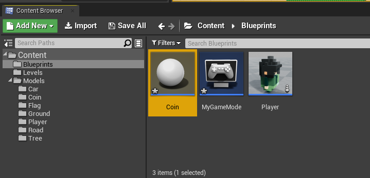 Coin blueprint added in Unreal Engine Content Browser