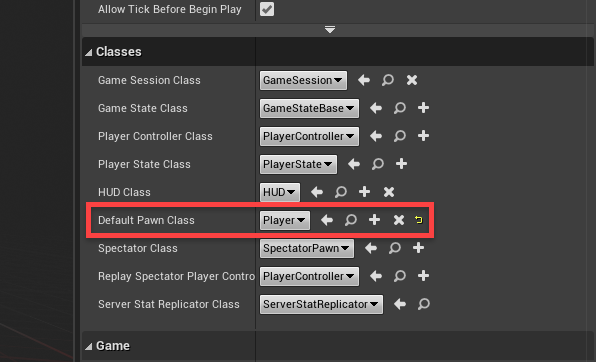 Default Pawn Class set to Player in Unreal Engine