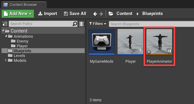 PlayerAnimator blueprint added to Unreal Engine Content Browser