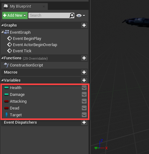 Variables set up for enemy in Unreal Engine Action RPG